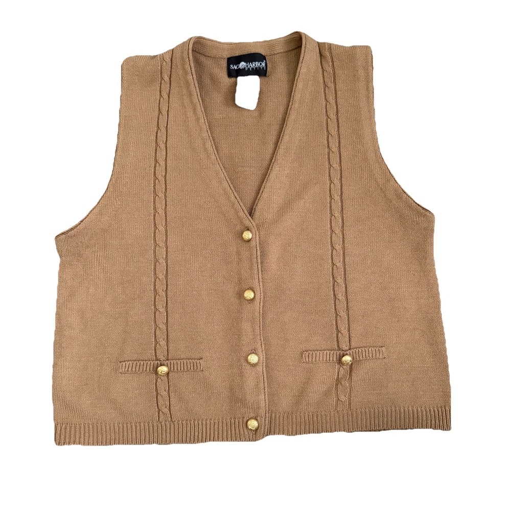Camel Brown Cable Knit Cardigan Womens Large‎ Petite Preppy Academia Heritage